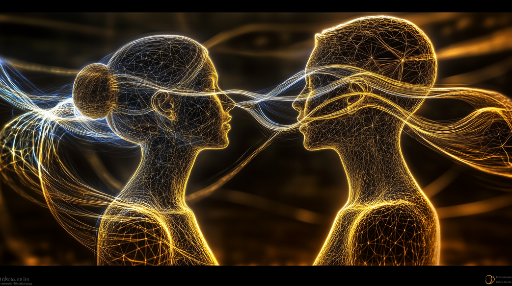 Abstract-visualization Two illuminated silhouettes facing each other with glowing golden and blue neural network patterns connecting between their minds, visually representing the flow of consciousness and empathic connection across dimensions.