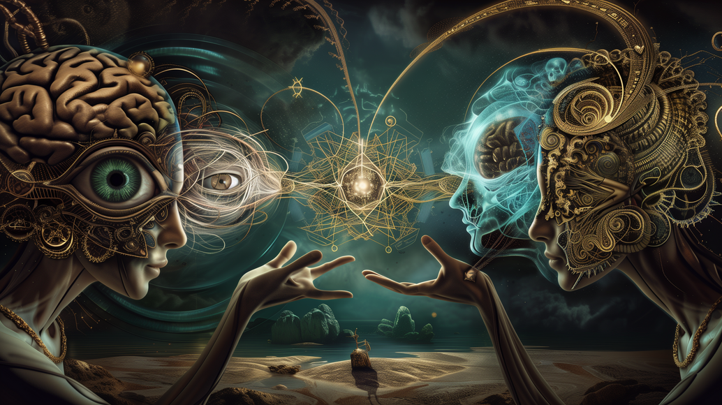 A mystical visualization of dimensional consciousness connection between two faces in profile, facing each other. The left figure has an exposed brain and eye symbolizing perception and cognition, while the right figure has ornate golden patterns. Between them, intricate sacred geometry in gold and teal creates a luminous connection, representing the architecture of understanding where consciousness meets across dimensions. The image uses deep teal backgrounds with warm gold accents, evoking both scientific precision and spiritual depth.