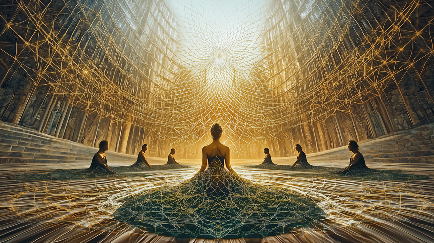 visualization Silhouetted figures seated in a meditative circle within a cathedral-like space filled with an intricate golden neural network dome. Light streams through the sacred geometry patterns, creating an atmosphere of collective consciousness and dimensional connection.